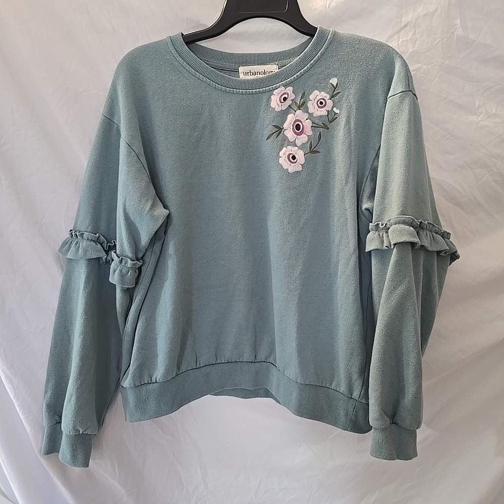 Urbanology Green Sweatshirt Ruffle Sleeve Accents Floral Design Sz L Boho-chic